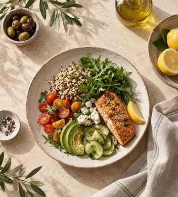 Balanced plate of salmon, grains and vegetables